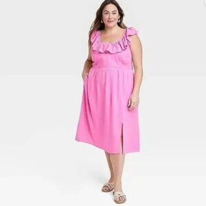 Ava & Viv Pink Ruffle Neck Empire Waist Linen Rayon Midi Dress NWT 2X